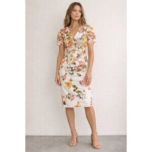 Antonio Melani Floral Midi Sheath Dress White Pink Garden Party Sz 4 Romantic